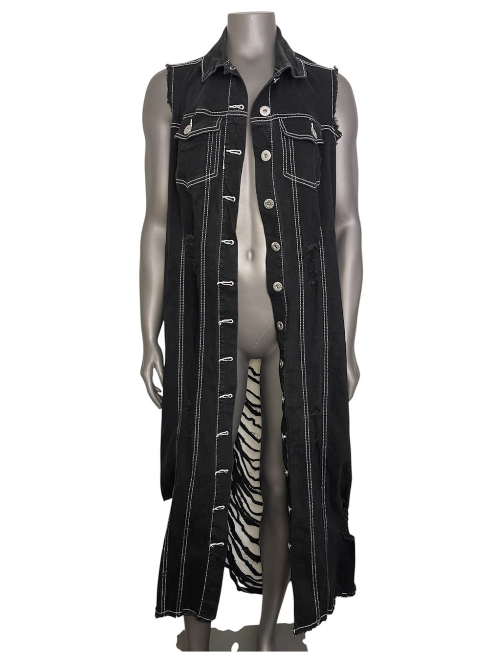 Ashley Stewart Jeans Duster Vest 14/16 Black Distressed Denim Button Down